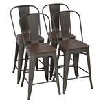 FDW Metal Bar Stool Set of 4 Counter Height Barstool with Back 24 Inches Wood Seat Height Industrial Bar Chairs Patio Stool Stackable Modern Kitchen Stool Indoor Outdoor Kitchen Stools (Brown)