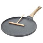 KWUY Crepe Pan Induction, 11 inch Pancake Pan with with Spreader, Pancake Pan with Real Stone Particles, Non-Stick Coating, PFOA-Free, Wooden Handle, for All Hobs