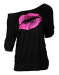 Smile Fish Women Casual Oversized Sexy Lips Print Off Shoulder T-Shirt Long Sleeve Pullover, Black-rose, XXL