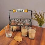 ARTYSTA BEAUTIFYING LIVES 'Warli Transparent' Cutting Chai Glasses With Stand|Tea Glass Set Of 6 With Stand And 1 Extra Glass|Dhaba Style Tea Glass Holder Carrier (Wrought Iron), 120 Ml