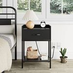 Masupu Nightstand with Charging Station,3-Tier Modern Bedside Night Stand with Storage Drawer and Shelf,Small End Side Table for Bedroom,Living Room,Black