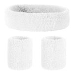 3 Pcs Headband Wristband Set, Sports Headband Wristbands, Cotton Sweat Band for Sports, Sweatbands Set for Athletic Men and Women(1 Headband + 2 Wristbands,White)