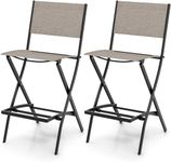 TANGZON Outdoor Bar Stools Set of 2, Folding Bar Chairs with Backrest, Footrest & Anti-slip Foot Pads, All Weather Texteline Counter Dining Chairs for Patio Poolside Backyard Balcony Lawn (Coffee)