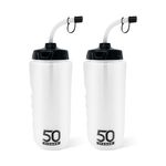 50 Strong 1 Liter Sports Water Bottle W/Straw 2 Pack - Easy Squeeze + Built in Finger Grip & Carry Loop - BPA Free Plastic - Use W/Sport Helmet in Football & Hockey - (Clear/Black, 2 Pack)