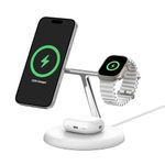 Belkin MagSafe 3-in-1 Qi2 Wireless Charger Stand 15W | Fast Charging iPhone Charger for iPhone 16, 15, 14 & 13 Series, AirPods, & Apple Watch | 36W Charger Included | White