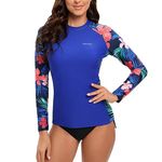 SURFEASY Womens Rash Vest Long Sleeve Ladies Sun Protection Swim Shirt Rash Guard Tops Swimsuit (Royal Blue Plant,S)