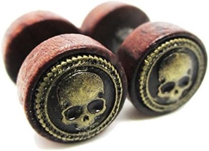 Organic Wood w/ Metal Skull Emblem Stud Post Earrings - New - Pair!
