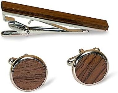 Wooden Tie Clip & Cufflink Set for Men - 2 Inch Tie Clip & Round Cufflinks with Gift Box - Formal Business Wedding