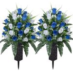 LVXINLI 2 Sets Artificial Cemetery Flowers,Outdoor Grave Decorations Roses,Beautiful Arrangements Bouquet with Cemetery Vase,Lasting and Non-Bleed Colors (White+Dark Blue)