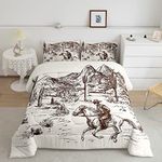 Cowboy Comforter Set Queen, Western Bedding For Boys Men, Horse Hand Drawn Illustration American Wild West Adventure Bedding Comforter Sets Mountains Desert Cactus Bedroom Decor 3Pcs Duvet Insert