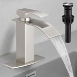 Hoimpro Brushed Nickel Waterfall Bathroom Faucet with cUPC Supply Lines, Single Hole Single Handle Bathroom Sink Faucet with Pop up Drain, Vanity Faucet with Deck Plate, Brushed Nickel(1 or 3 Hole)