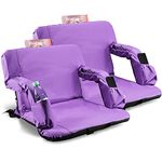 Stadium Seats for Bleachers with Back Support and Thick Padded Cushion, Large Portable Reclining Folding Chair with Optional Arms, 4 Pockets and Shoulder Straps, Purple, 2PCS