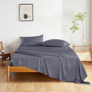 THXSILK Silk Sheet Set 4 Pcs, King Size Sheet Set, Soft Breathable Cooling Bed Sheets with 1 Flat Sheet, 1 Fitted Sheet, 2 Pillowcases with Zipper Closure, Blue Grey