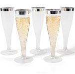 24 Plastic Champagne Flutes Disposable | Silver Glitter Plastic Champagne Glasses for Parties | Silver Plastic Cups | Plastic Toasting Glasses | Wedding, Cocktail, Easter, Super Bowl Party Supplies