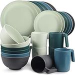 Greentainer Unbreakable Plastic Dinnerware Set, Lightweight Camping Tableware with 6 Dinning Plates, 6 Dessert Plates, 6 Bowls, 6 Cups for Kids & Adults, Service for 6, Microwave&Dishwasher Safe