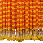 DIYANA IMPEX Marigold Garland for Decoration 5 Pcs of 5 feet Long Strands Artificial Marigold Flowers with Bell, Indian Décor for Pooja/Diwali Decorations/Christmas (Yellow) (Orange + Yellow)