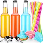 RimCereal 86 Pcs Shaved Ice Party Accessories with 30 Snow Cone Cups 50 Spoon Straws 3 Empty Liquor Bottles for Different Snowcone Syrup Flavors with Pour Spout for Family Outdoor Picnics Party