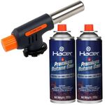 HACER Automatic Camping Blowtorch With 2 Butane Gas Canister Welding Fire Gun Multi-Functional Handheld Soldering Torch Adjustable Flame Kitchen Lighter for Outdoor Use Cooking & Welding