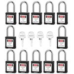 BOZZYS Lockout/Tagout Nylon Safety Padlock Set-12 Pack Loto Locks Keyed Alike 4 Keys 6-pins Brass Cylinder Key Retaining Function Hardened Steel Shackle(BD-GT05KA-Black)