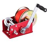 Hand Winch Heavy Duty 2500lbs with Nylon Strap and Ratchet Handle Hook 2 Gear Manual Crank Towing Winch for ATV Boat Trailer Truck Auto (2500 Red)