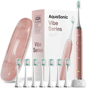 Aquasonic Vibe Series Ultra-Whitening Toothbrush – ADA Accepted Electric Toothbrush - 8 Brush Heads & Travel Case – 40,000 VPM Motor & Wireless Charging - 4 Modes w Smart Timer – Satin Rose Gold