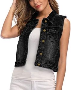 WUDODO Womens Denim Jean Vest Classic Cropped Distressed Spread Collar Sleeveless Jean Jacket (X-Large, Black)