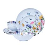 Lechoo 12 Piece Melamine Dinnerware Sets - Plates And Bowls Sets Floral Dinnerware Sets- Spring Camping Dishs Indoor Outdoor Use,Flowers And Butterflies Pattern