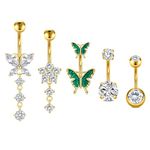 MODRSA 14G 10MM Belly Button Piercing Stainless Steel Belly Button Bars Dangly Butterfly Diamond CZ Gold Belly Bar Belly Piercing Jewelry Women