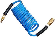 DEWENWILS 1/4 in x 10ft Polyurethane Recoil Air Hose with Fittings Compressor Hose and Bend Restrictor with 1/4 in Industrial NPT Coupler and Plug Kit, Wear Resistant PU Air Hose, Blue