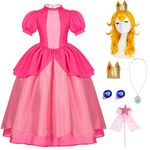 Miulruma Halloween Princess Peach Costume Girls Kids Super Bros Cosplay Pink Dress Outfits with Crown Hairband Gloves Gemstone Necklace Earrings Star Wand Wig Accessories MA054-3XL