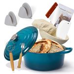 5QT Enameled Cast Iron Bread Oven with Proofing Basket for Sourdough Bread Baking, Bread Making Supplies Tools,Heavy-Duty Cookware for Braising, Stews, Roasting, Bread Baking (Darkcyan)