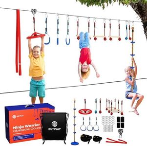 OutPlay Ninja Warrior Obstacle Course for Kids - 50ft Slackline Swing Set with Monkey Bar, Rope Knots Ninja Course Accessories, Tree Protector & More - Ninja Course for Kids Outside Backyard Camp Park