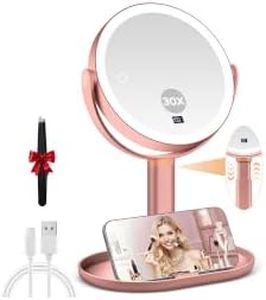 MIYADIVA Makeup Mirror with Lights, 30X/1X Magnifying Mirror with Digital Display, Height Adjustable Tabletop Mirrors, Detachable for Travel, Vanity Mirrors with Phone Holders, Rose Gold
