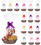 Yesland 16 Pcs Plastic Oval Basket for Gifts Empty, Small Bread Basket Food Storage Basket with Clear Gift Bags and Colorful Pull Bows, 9 X 6 X 2.5 Inches Basket Bin for Kitchen Restaurant Christmas