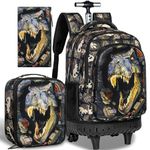 3PCS Rolling Backpack for Boys, 19 Inches School Roller Bookbag with Wheels, Dinosaur Travel Wheeled Backpacks with Lunch Box (Black)