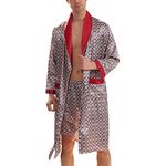 Lu's Chic Men's Satin Pajama Set Silk Bathrobe Shorts Long Sleeves Pockets Soft Kimono Robe Set Red US S (TagXL)