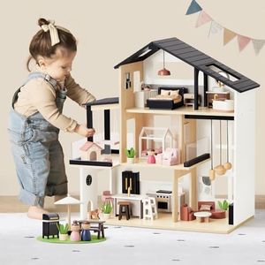 Tiny Land Doll House, Modern Family Dollhouse with Realistic Design, Wooden Dollhouse with 53Pcs Furniture - Ideal Gift for Kids Ages 3+