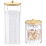 Navaris Cotton Bud and Tall Pad Holder Set (2 Pieces) - Includes 1 Cotton Bud Holder and 1 Tall Cotton Pad Container - Stackable Clear Jars with Bamboo Lids