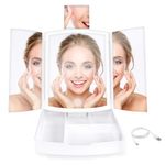 Singwow Makeup Mirror with LED lights, 1X/5X Tri-fold Magnifying Vanity Mirror with Storage, Touch Screen Brightness Adjustable Cosmetic Mirror with 180° Rotation (3 fold with storage)