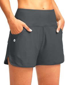 Women's 3" High Waisted Swim Board Shorts with Pockets Quick Dry Swimsuit Bottoms Bathing Suit for Women with Liner(Dark Grey,M)