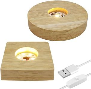 2Pcs Round & Square Wooden Led Display Base, Round Wooden Led Lights Display Base Square Led Light Base Wood Display Stand for 3D Crystal Glass Resin Art (Warm Color: Round+Square)