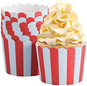 Cupcake Cases/Ice Cream Tubs/Party Sweet Bowls - Red and White Stripe Cupcake Wrappers for Kids Birthday Parties Reversible Cup,Pack of 50