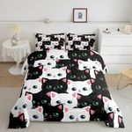 Kids Cat Bedding Comforter Set Cartoon Cat Full Size,Cute Kitty Bedding Set for Teens Kids Boys Girls Adults Kawaii Animal Room Decor, All Season,2 Pillow Cases,Black White