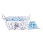 Baby Christening New Born Gift Hamper Wicker Basket Shredded Paper Cello Wrap Pu (Blue) Blue Blue