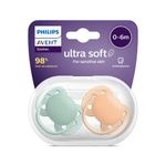 Philips Avent Ultra Soft Pacifier 2 Pack - BPA-Free Dummy for Babies from 0-6 Months, Orange/Green (Model SCF091/03)