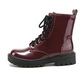 Soda FIRM - Lug Sole Combat Ankle Bootie Lace up w/Side Zipper, Burgundy Patent, 5.5 UK