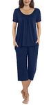 TAOHUADAO Women's Pyjamas Sets Short Sleeve Tops with Capri Pants Sleepwear Soft Comfy Ladies Pjs Lounge Sets, Navy Blue 3XL