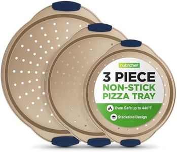 NutriChef 3-Piece Pizza Tray Set with Silicone Handles - Round Nonstick Pizza Pan with Perforated Holes, Durable Carbon Steel, Small, Medium, Large Sizes - Ideal for Crispy, Evenly Baked Pizzas (Gold)