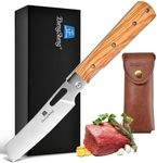 ZhengSheng Folding Chef Knife with Leather Pouch 4.8” Ultra Sharp 440A Stainless Steel Blade Natural Olive Handle Pocket Foldable Japanese Style Kitchen Knife for Outdoor Camping BBQ trip Cooking.