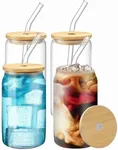 WISIMMALL Drinking Glasses with Bamboo Lids and Glass Straw 4PCS Set, 16oz Glass Cups with Lids and Straws, Beer, Iced Coffee Glasses, Soda, Gift 1 Cleaning Brushes